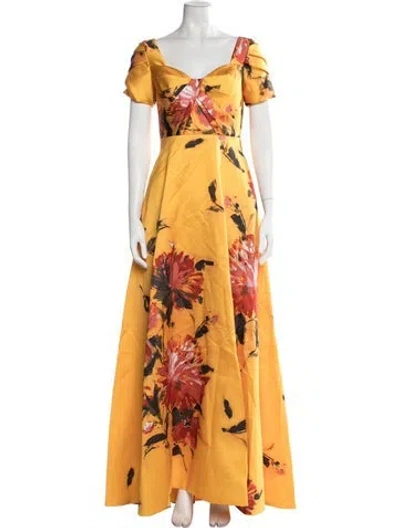 Pre-owned Theia Floral Print Long Dress W/ Tags In Yellow
