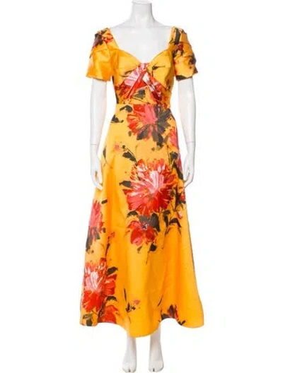 Pre-owned Theia Floral Print Long Dress In Yellow