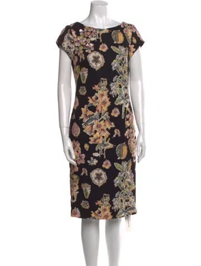 Pre-owned Theia Floral Print Midi Length Dress In Black