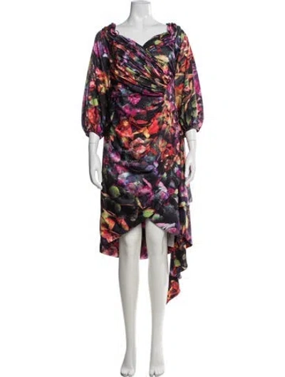Pre-owned Theia Floral Print Midi Length Dress In Black