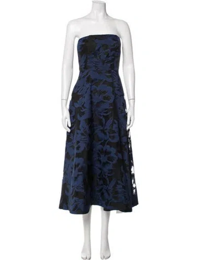 Pre-owned Theia Floral Print Midi Length Dress In Black/blue
