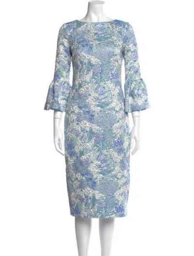 Pre-owned Theia Floral Print Midi Length Dress In Blue