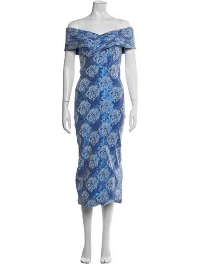Pre-owned Theia Floral Print Midi Length Dress In Blue