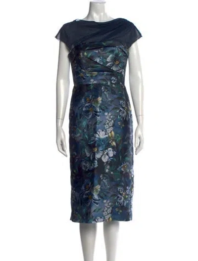 Pre-owned Theia Floral Print Midi Length Dress In Blue