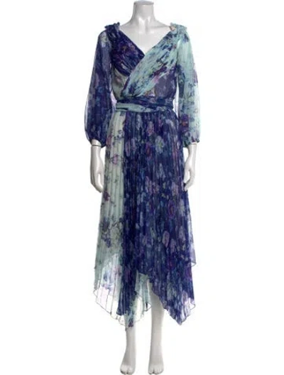 Pre-owned Theia Floral Print Midi Length Dress In Blue