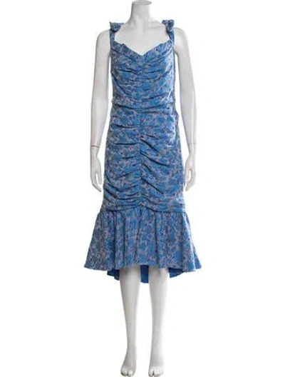 Pre-owned Theia Floral Print Midi Length Dress In Blue/metallic