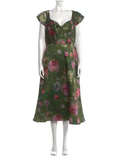 Pre-owned Theia Floral Print Midi Length Dress In Green