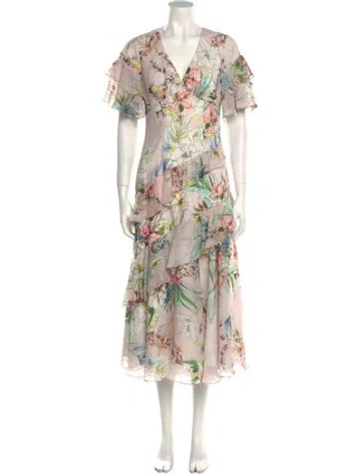Pre-owned Theia Floral Print Midi Length Dress In Pink