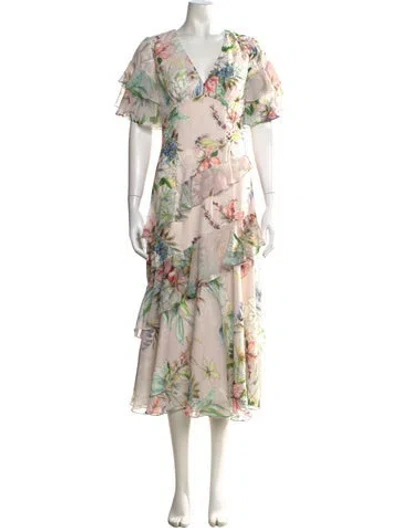 Pre-owned Theia Floral Print Midi Length Dress In Pink