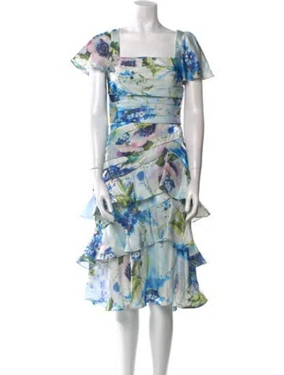 Pre-owned Theia Floral Print Midi Length Dress W/ Tags In Blue