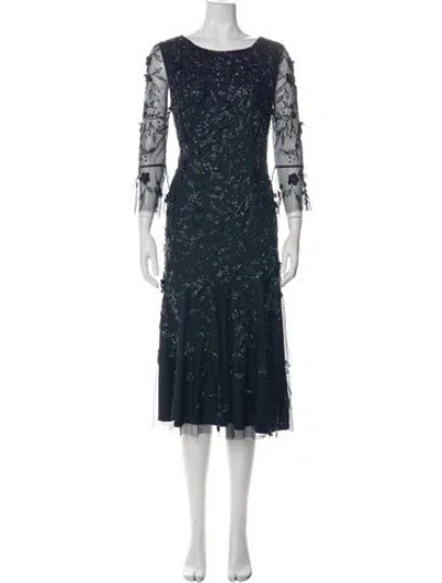 Pre-owned Theia Floral Print Midi Length Dress W/ Tags In Blue