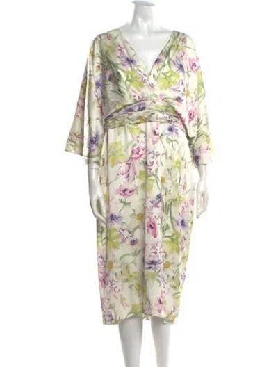 Pre-owned Theia Floral Print Midi Length Dress W/ Tags In Green