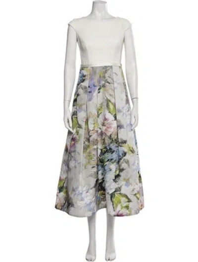 Pre-owned Theia Floral Print Midi Length Dress In White
