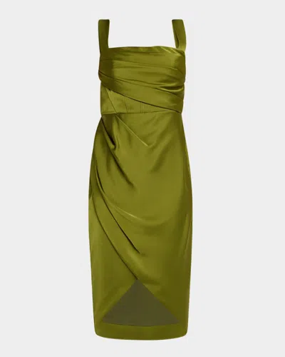 Theia Genevive Draped Square-neck Satin Dress In Green