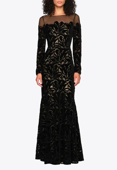 Theia Gigi Velvet Lace Gown In Black