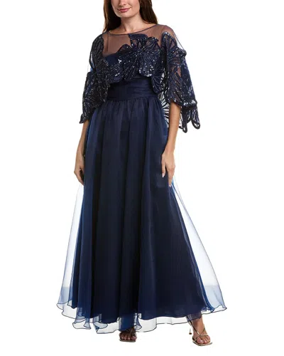 Theia Ginny Beaded Capelet Gown In Blue