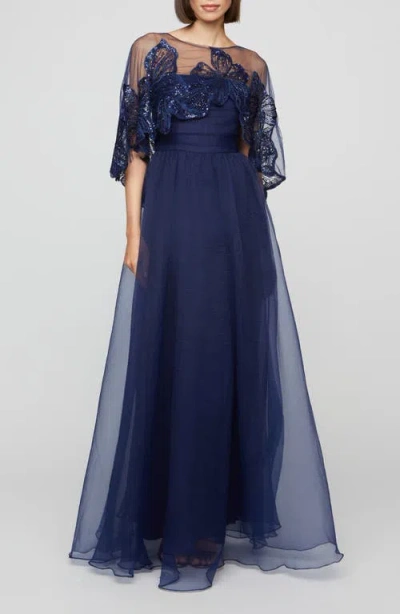 Theia Ginny Beaded Embroidered Capelet Gown In Navy