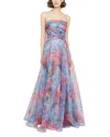 Theia Giselle Strapless Metallic Organza Gown In Arctic Floral