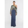 Theia Gisette One Shoulder Cape Gown In Blue