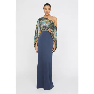 Theia Gisette One Shoulder Cape Gown In Blue