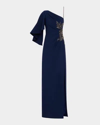 Theia Giuliana Embellished Crepe Column Gown In Navy