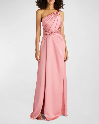 Theia Gloria Pleated Twist-front One-shoulder Gown In Sugar Coral