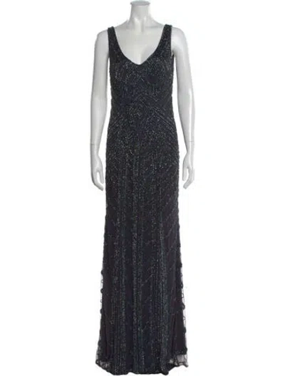 Pre-owned Theia Graphic Print Long Dress In Blue