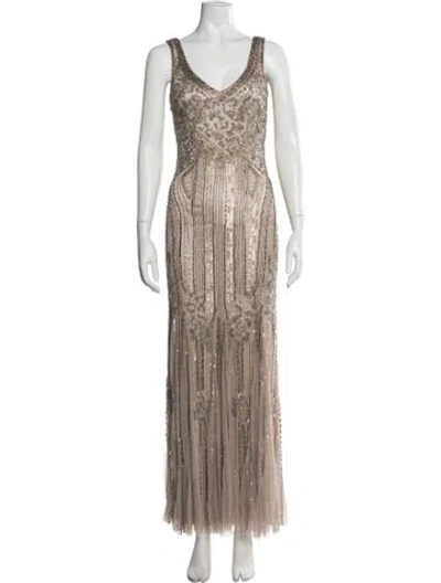 Pre-owned Theia Graphic Print Long Dress In Neutral