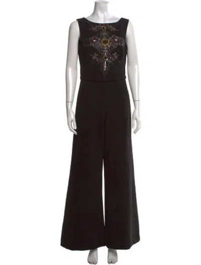 Pre-owned Theia Graphic Print Scoop Neck Jumpsuit In Black