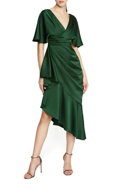 Theia Gwen Ruffle Asymmetric Hem Elbow Sleeve Satin Faux Wrap Dress In Thorn