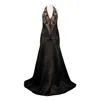 Theia Halter Strap V-cut Back Shutter Pleat Detail Silk Chiffon Ball Dress In Black