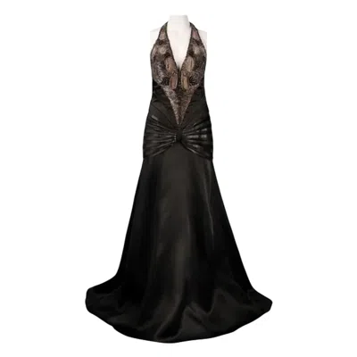 Theia Halter Strap V-cut Back Shutter Pleat Detail Silk Chiffon Ball Dress In Black