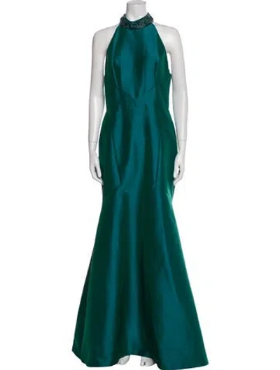 Pre-owned Theia Halterneck Long Dress In Green