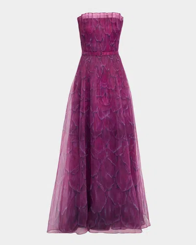 Theia Ivana Strapless Printed Organza Gown In Purple