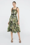 Theia Joni Velvet Bow Strap Midi Dress In Black Gold In Green