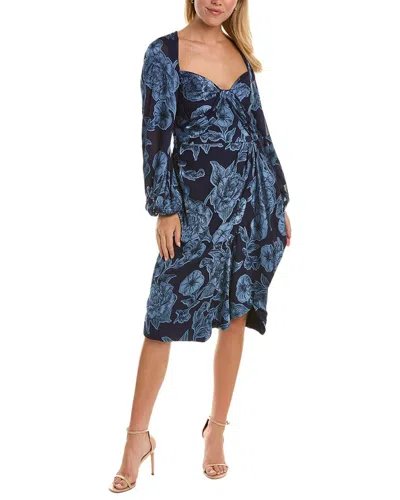 Theia Joslyn Floral-print Blouson-sleeve Midi Dress In Navy