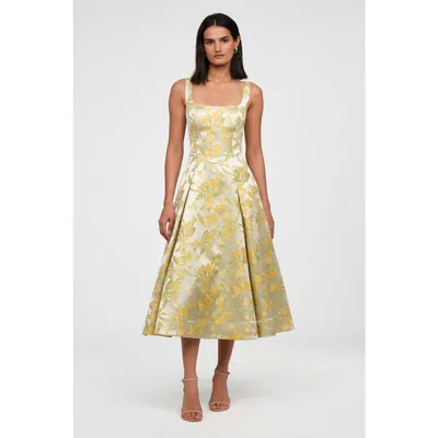Theia Julie Basque-waist Pleated Jacquard Midi Dress In Yellow
