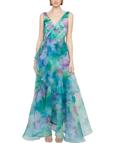 Theia Karen Organza V-neck Gown In Blue