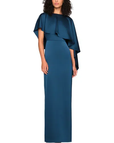 Theia Karis Cape Column Gown In Blue