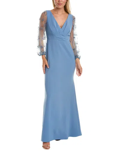 Theia Kiera Breaded Puff Sleeve Gown In Blue