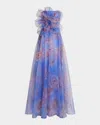Theia Kimberly Strapless Floral-print Organza Gown In Pearl Roses