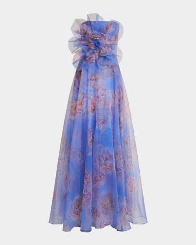 Theia Kimberly Strapless Floral-print Organza Gown In Pearl Roses