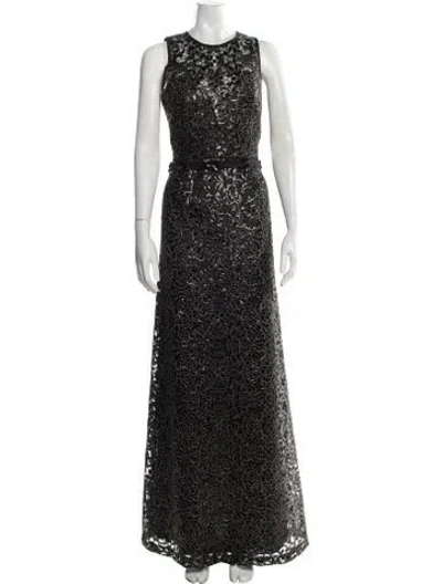 Pre-owned Theia Lace Pattern Long Dress In Black
