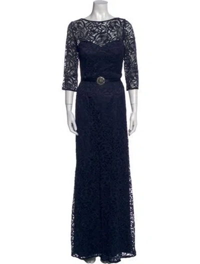 Pre-owned Theia Lace Pattern Long Dress In Blue