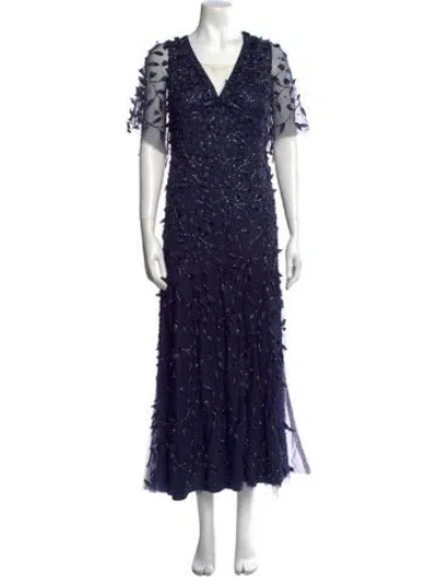 Pre-owned Theia Lace Pattern Long Dress In Blue