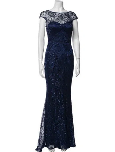 Pre-owned Theia Lace Pattern Long Dress In Blue/metallic