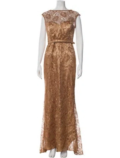 Pre-owned Theia Lace Pattern Long Dress In Brown