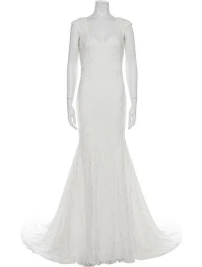 Pre-owned Theia Lace Pattern Long Dress In Grey
