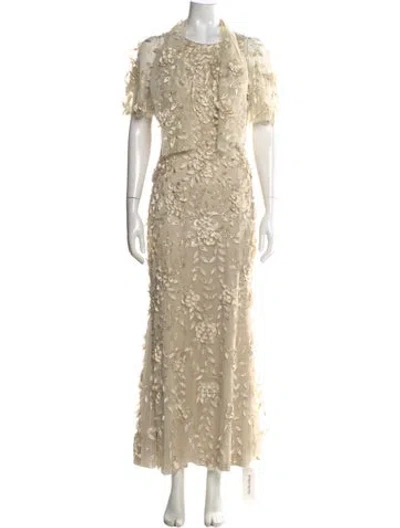 Pre-owned Theia Lace Pattern Long Dress In Neutral