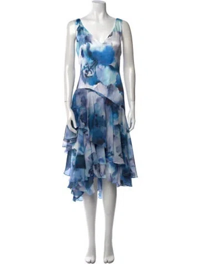 Pre-owned Theia Lace Pattern Midi Length Dress In Blue